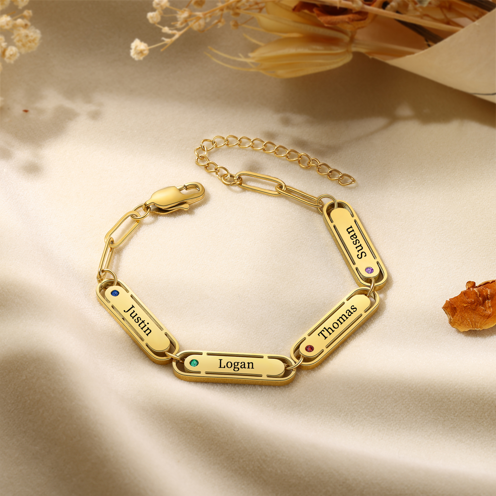 Personalised 4 Names and 4 Birthstones Bracelet Engraved Charm Bracelet with a Dainty Paperclip Chain Elegant Engraved Gift for Her