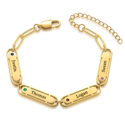 Personalised 4 Names and 4 Birthstones Bracelet Engraved Charm Bracelet with a Dainty Paperclip Chain Elegant Engraved Gift for Her