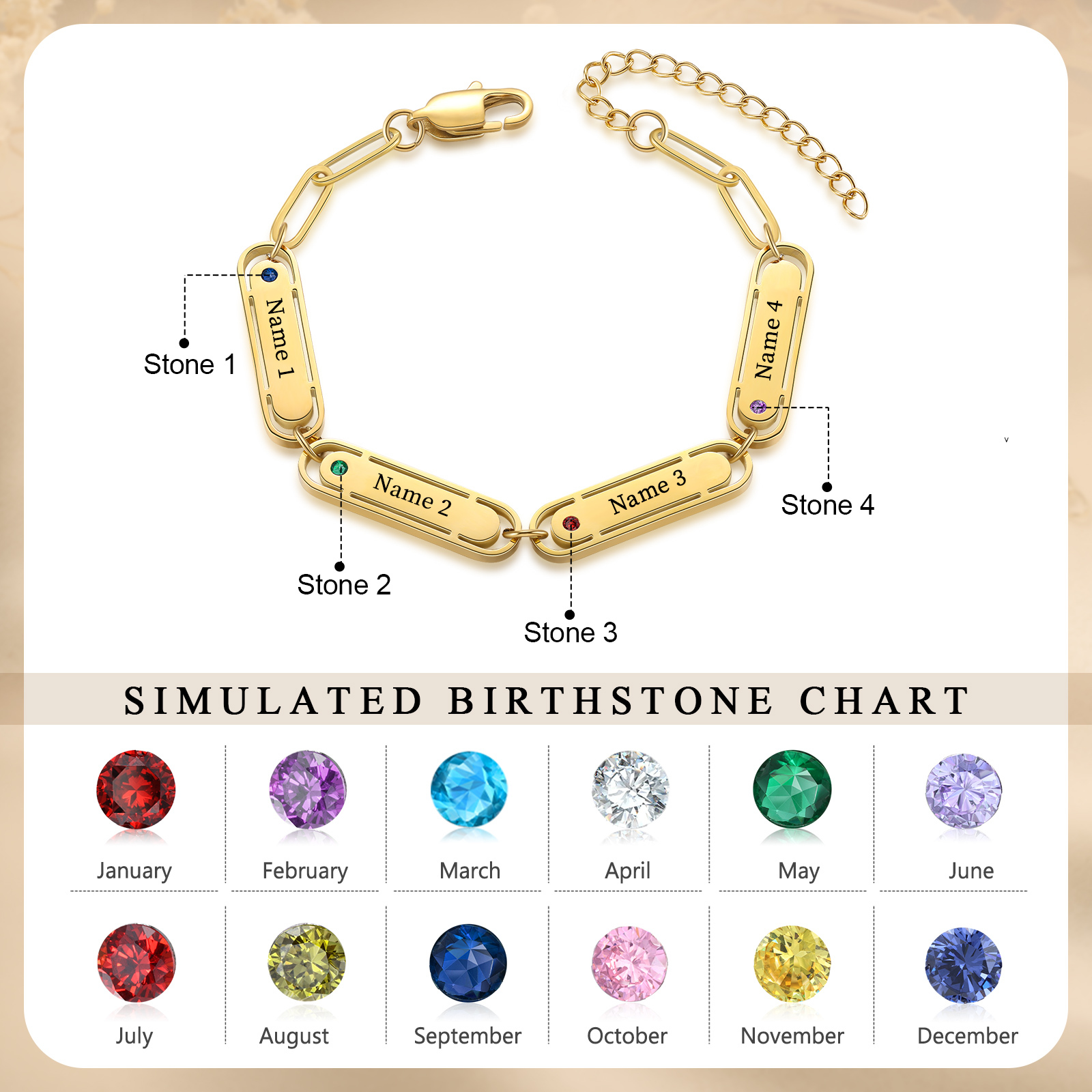 Personalised 4 Names and 4 Birthstones Bracelet Engraved Charm Bracelet with a Dainty Paperclip Chain Elegant Engraved Gift for Her
