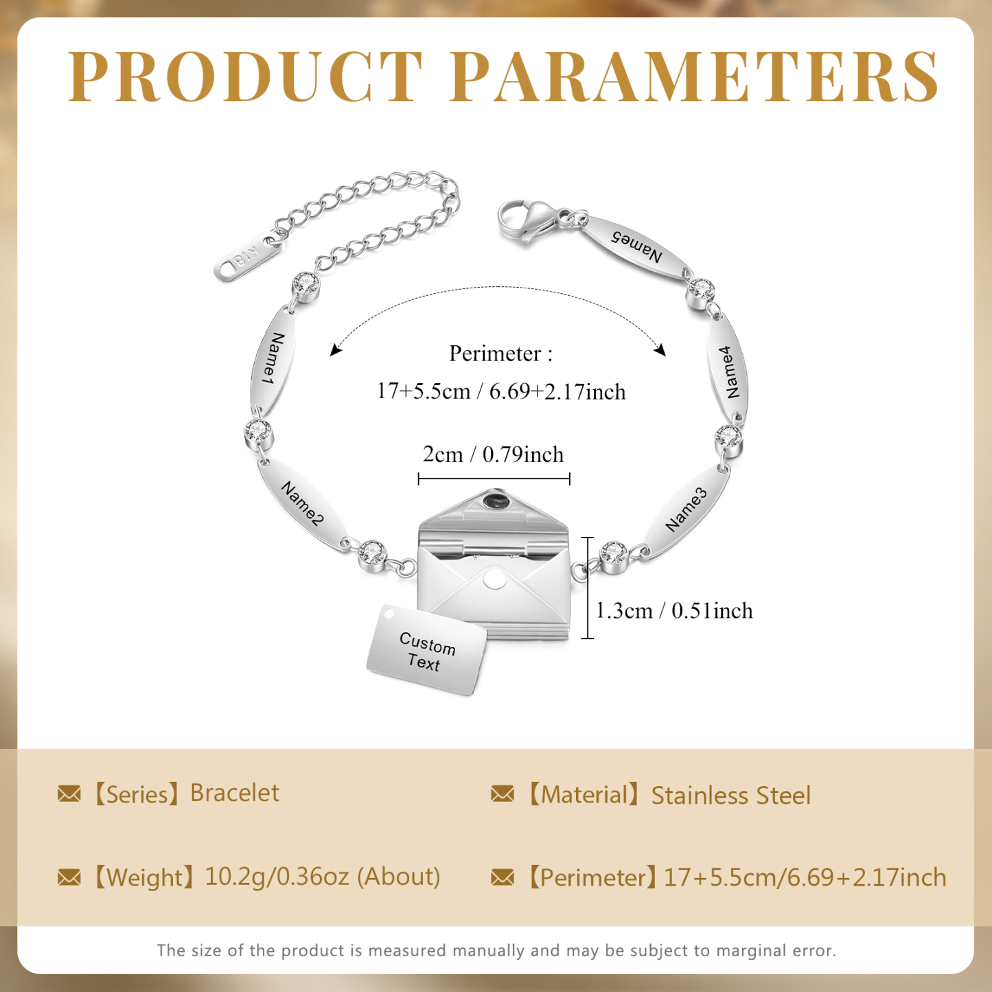 Stainless Steel 18K Gold Bracelet Custom 1-5 Names Envelope Pendant Love You Gift for Her