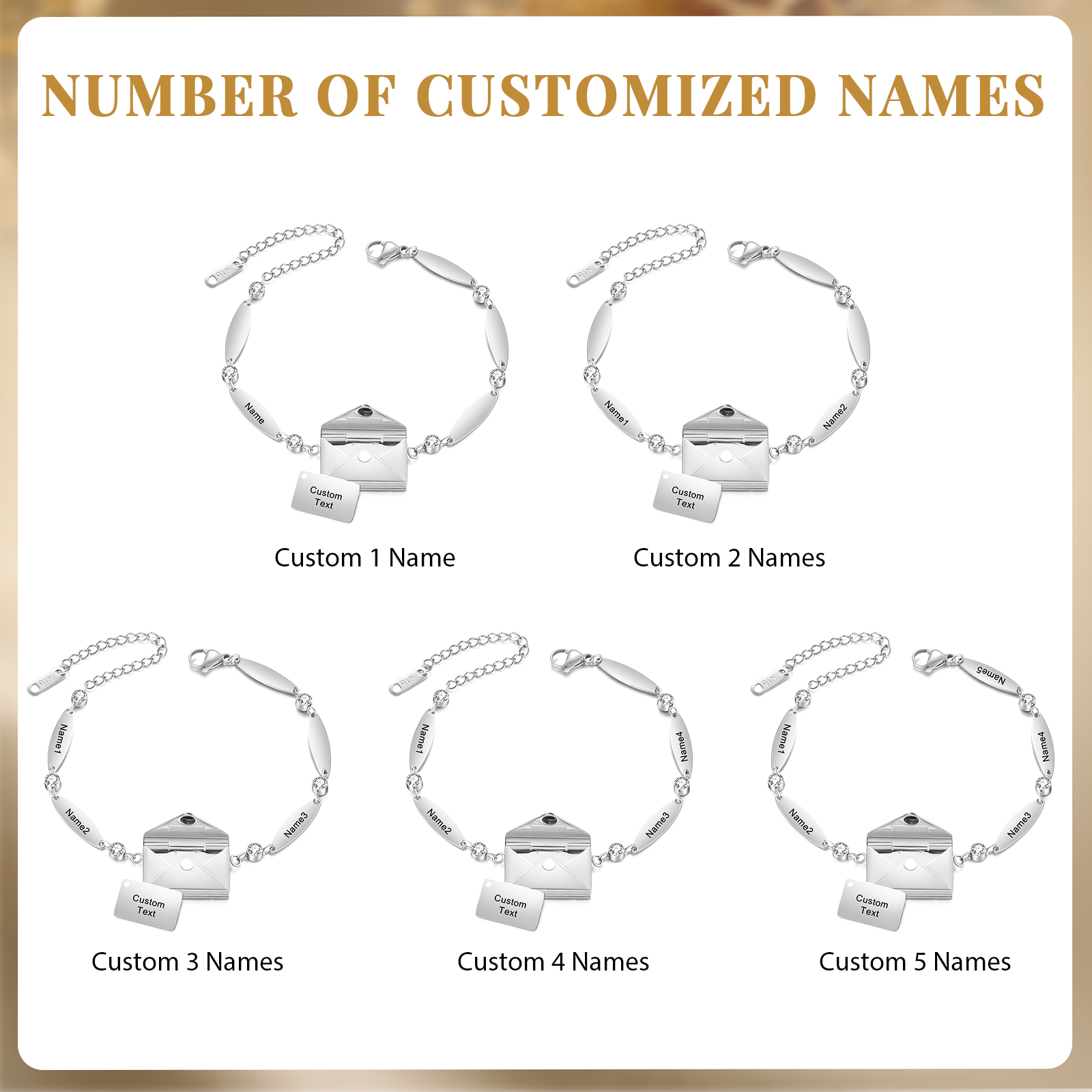 Stainless Steel 18K Gold Bracelet Custom 1-5 Names Envelope Pendant Love You Gift for Her