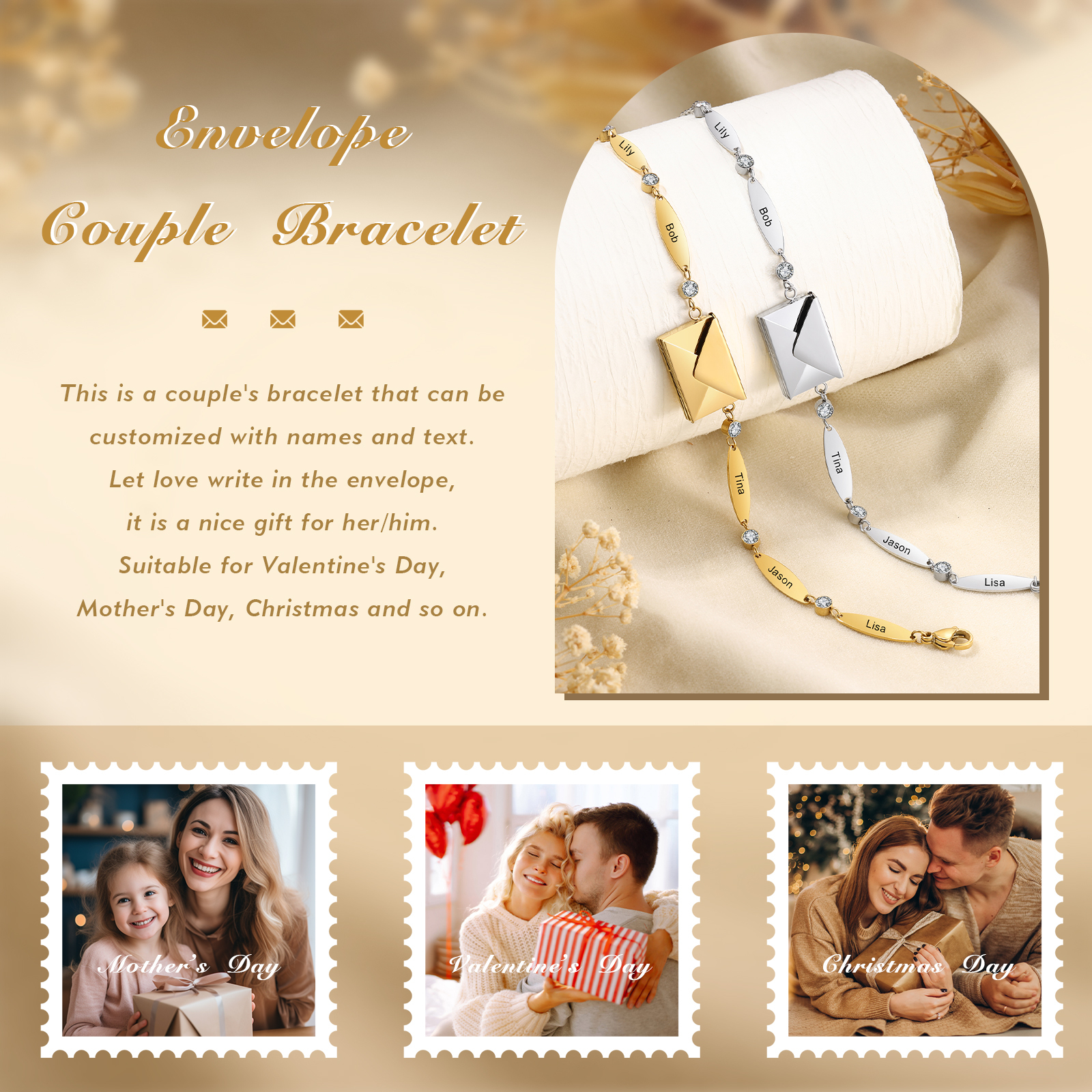 Stainless Steel 18K Gold Bracelet Custom 1-5 Names Envelope Pendant Love You Gift for Her