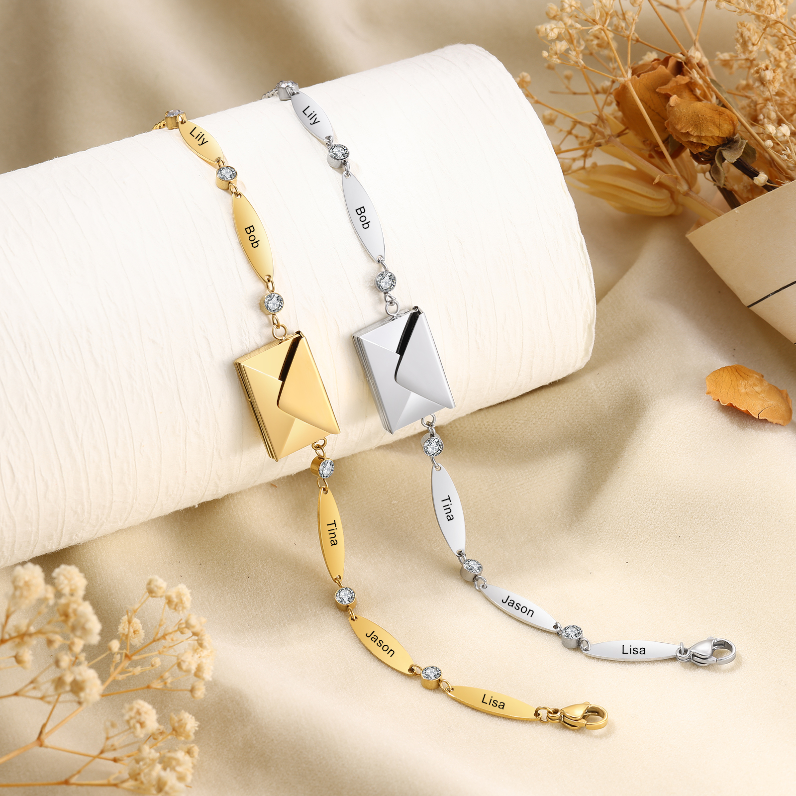 Stainless Steel 18K Gold Bracelet Custom 1-5 Names Envelope Pendant Love You Gift for Her