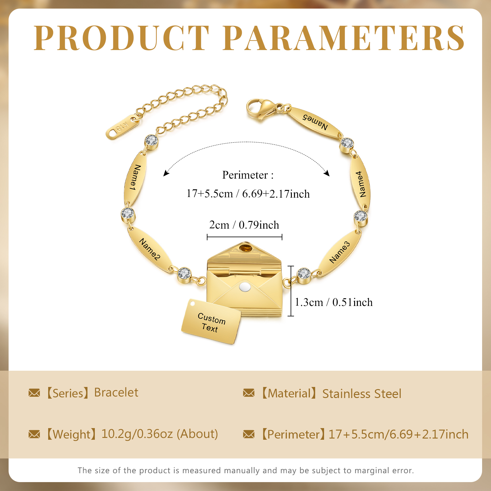 Stainless Steel 18K Gold Bracelet Custom 1-5 Names Envelope Pendant Love You Gift for Her