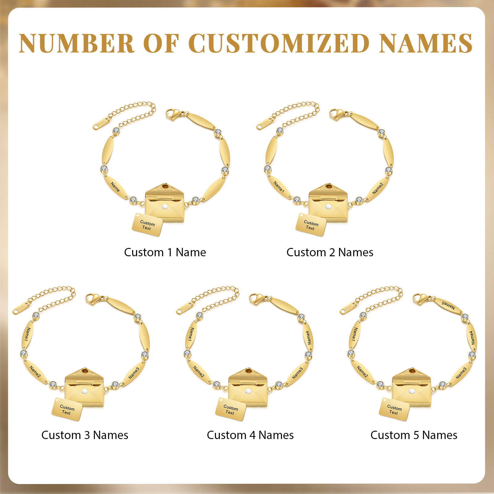 Stainless Steel 18K Gold Bracelet Custom 1-5 Names Envelope Pendant Love You Gift for Her
