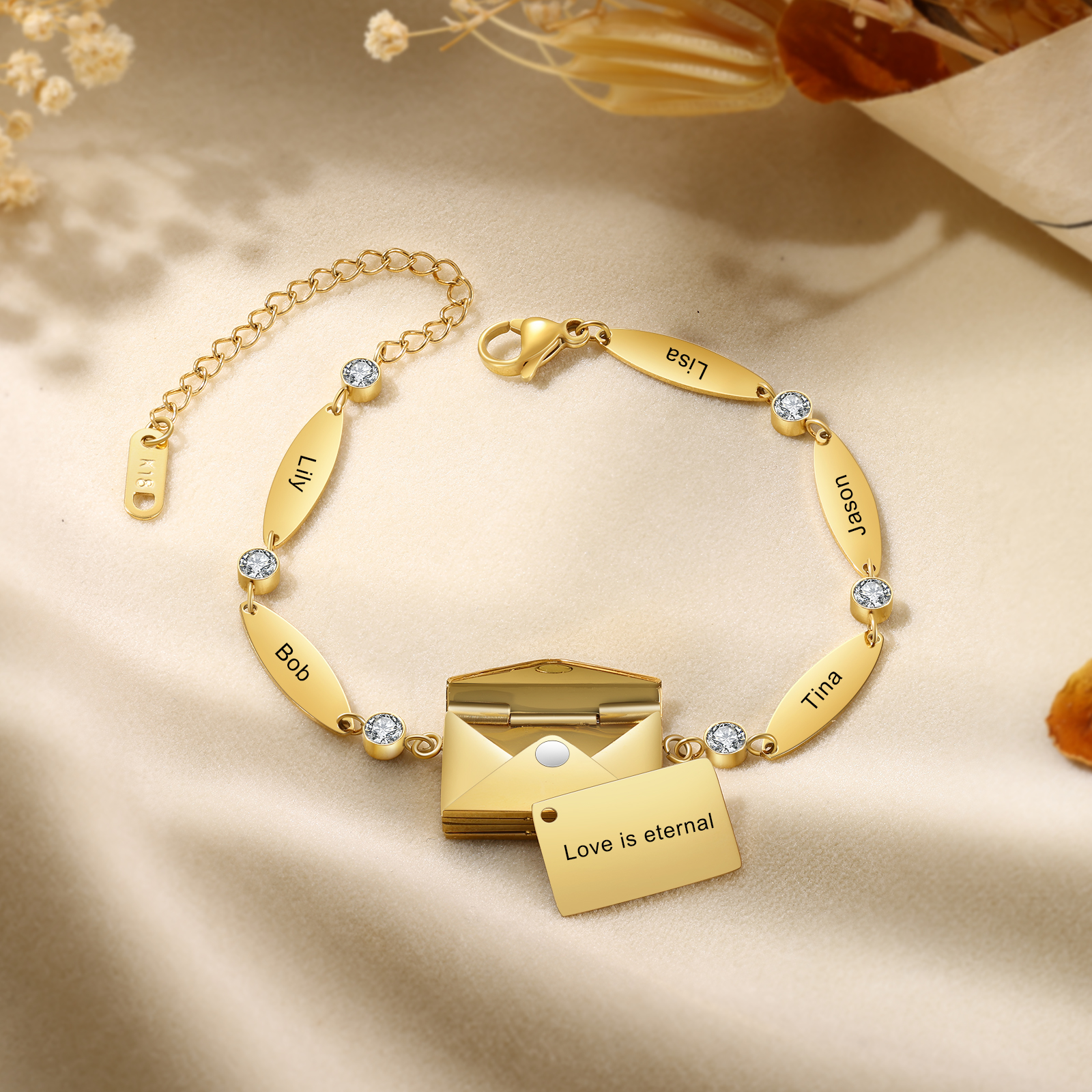 Stainless Steel 18K Gold Bracelet Custom 1-5 Names Envelope Pendant Love You Gift for Her