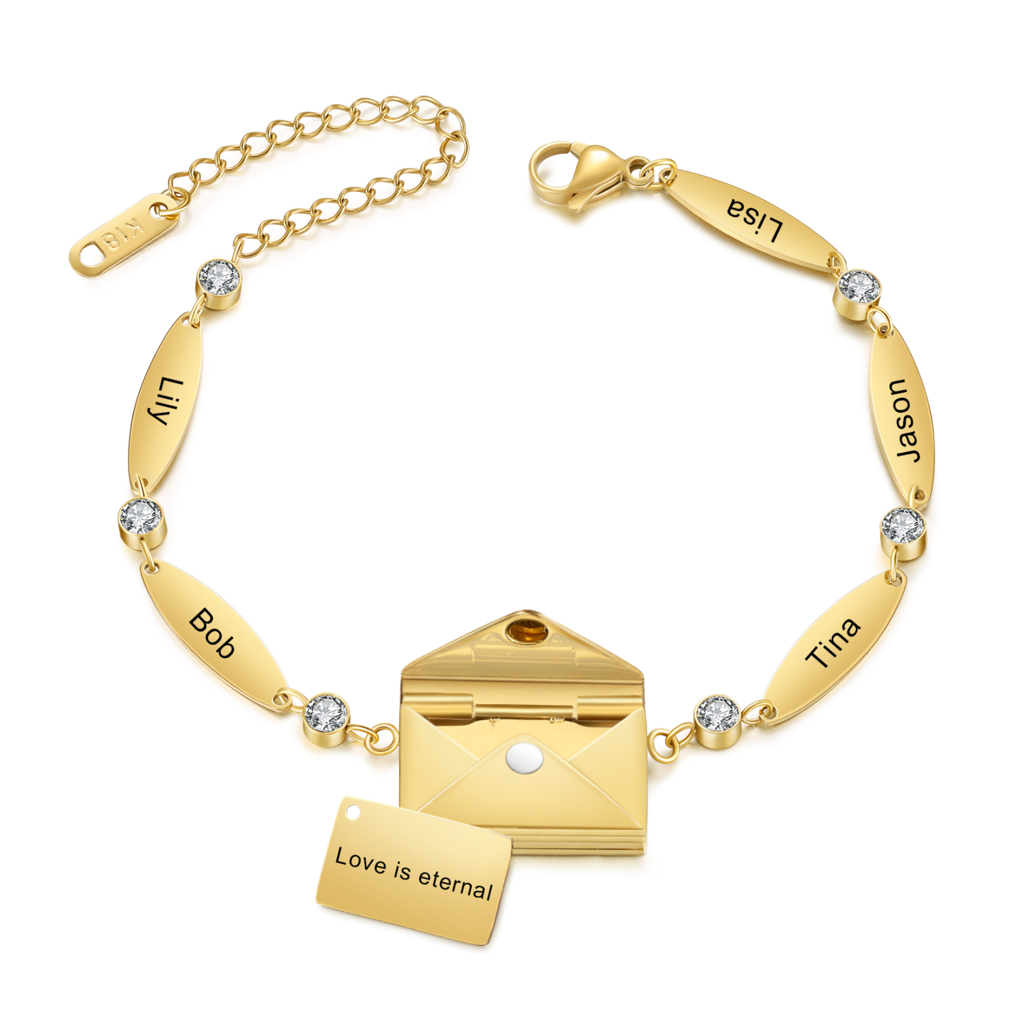 Stainless Steel 18K Gold Bracelet Custom 1-5 Names Envelope Pendant Love You Gift for Her