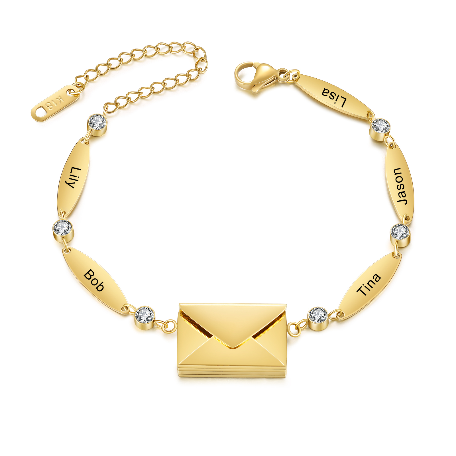 Stainless Steel 18K Gold Bracelet Custom 1-5 Names Envelope Pendant Love You Gift for Her