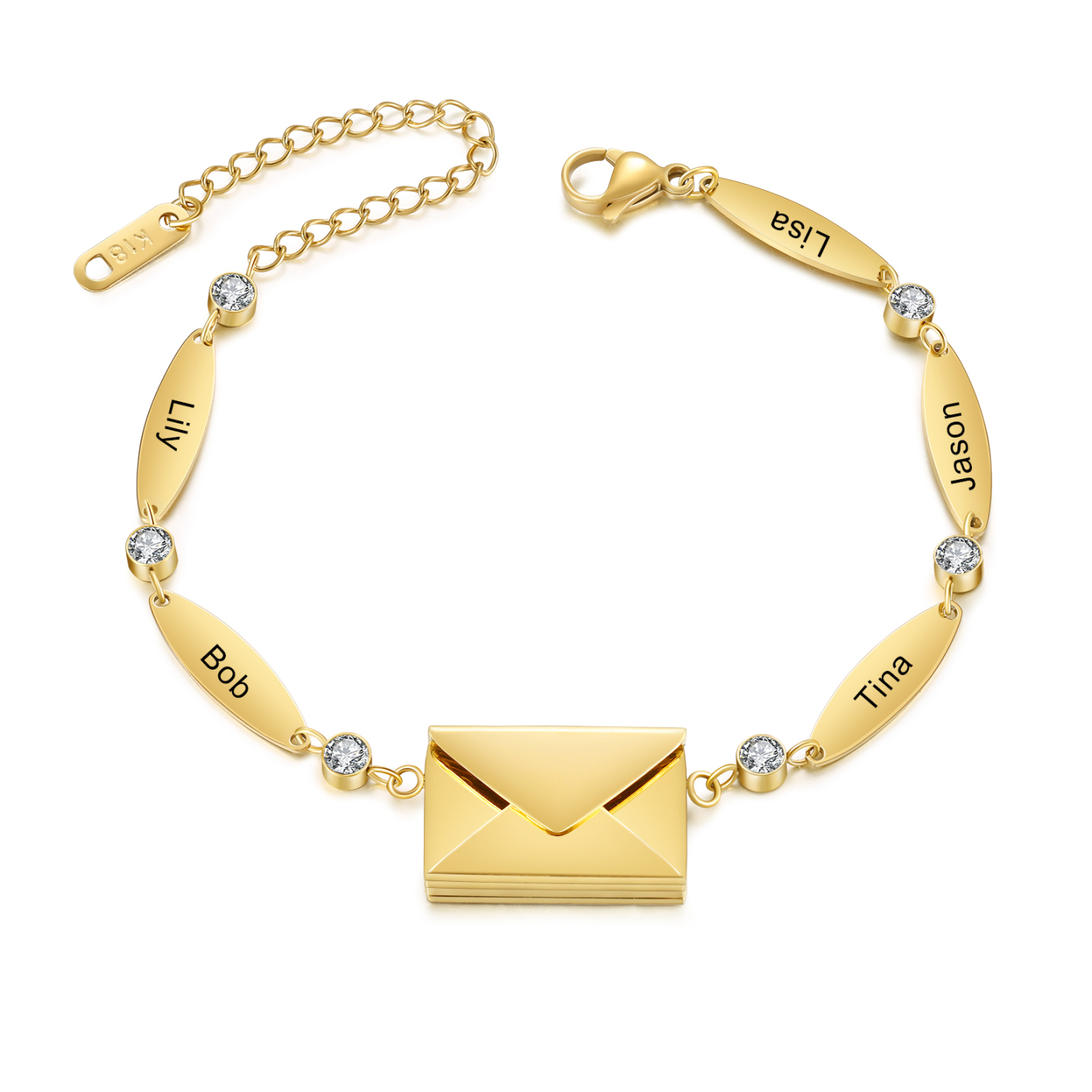 Stainless Steel 18K Gold Bracelet Custom 1-5 Names Envelope Pendant Love You Gift for Her