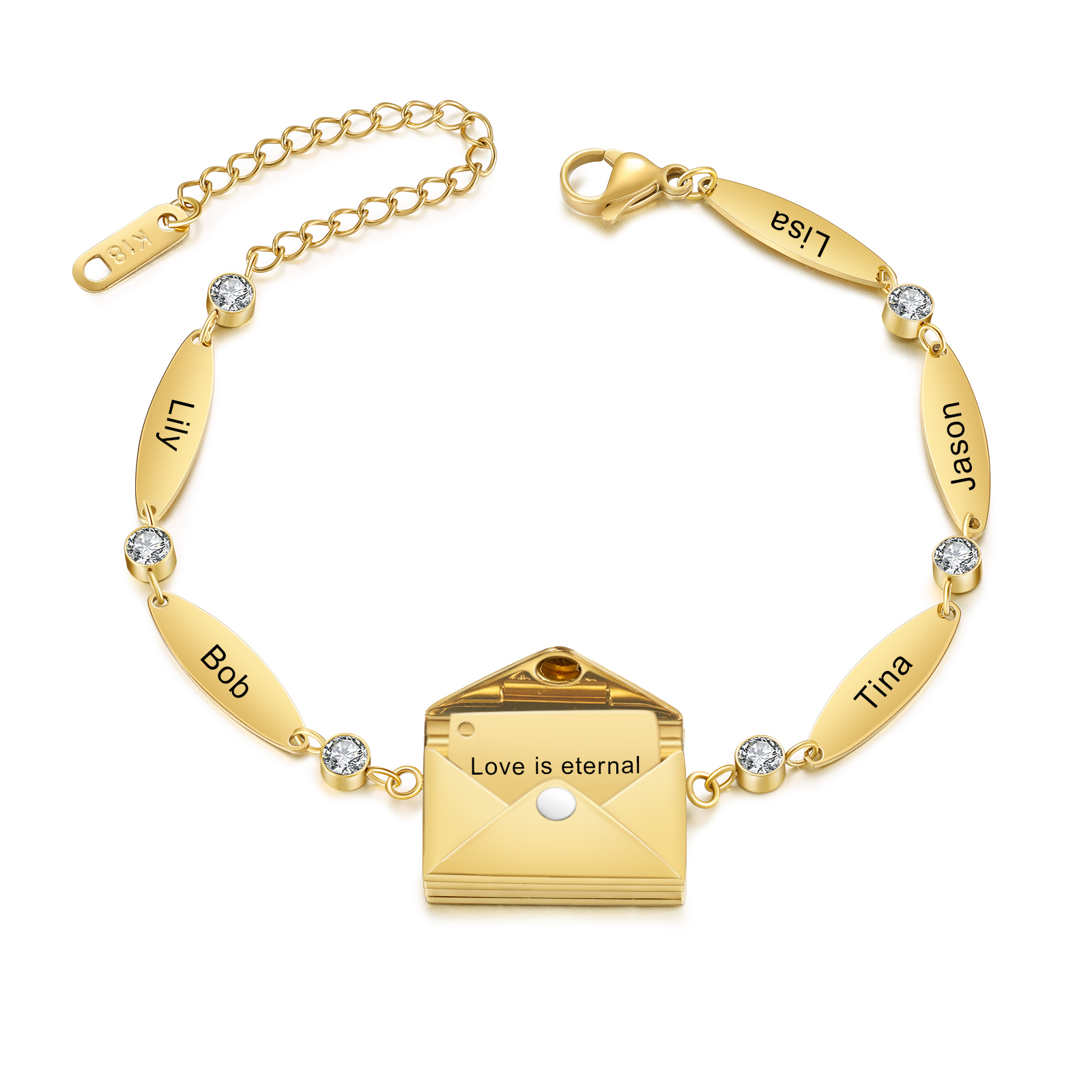 Stainless Steel 18K Gold Bracelet Custom 1-5 Names Envelope Pendant Love You Gift for Her