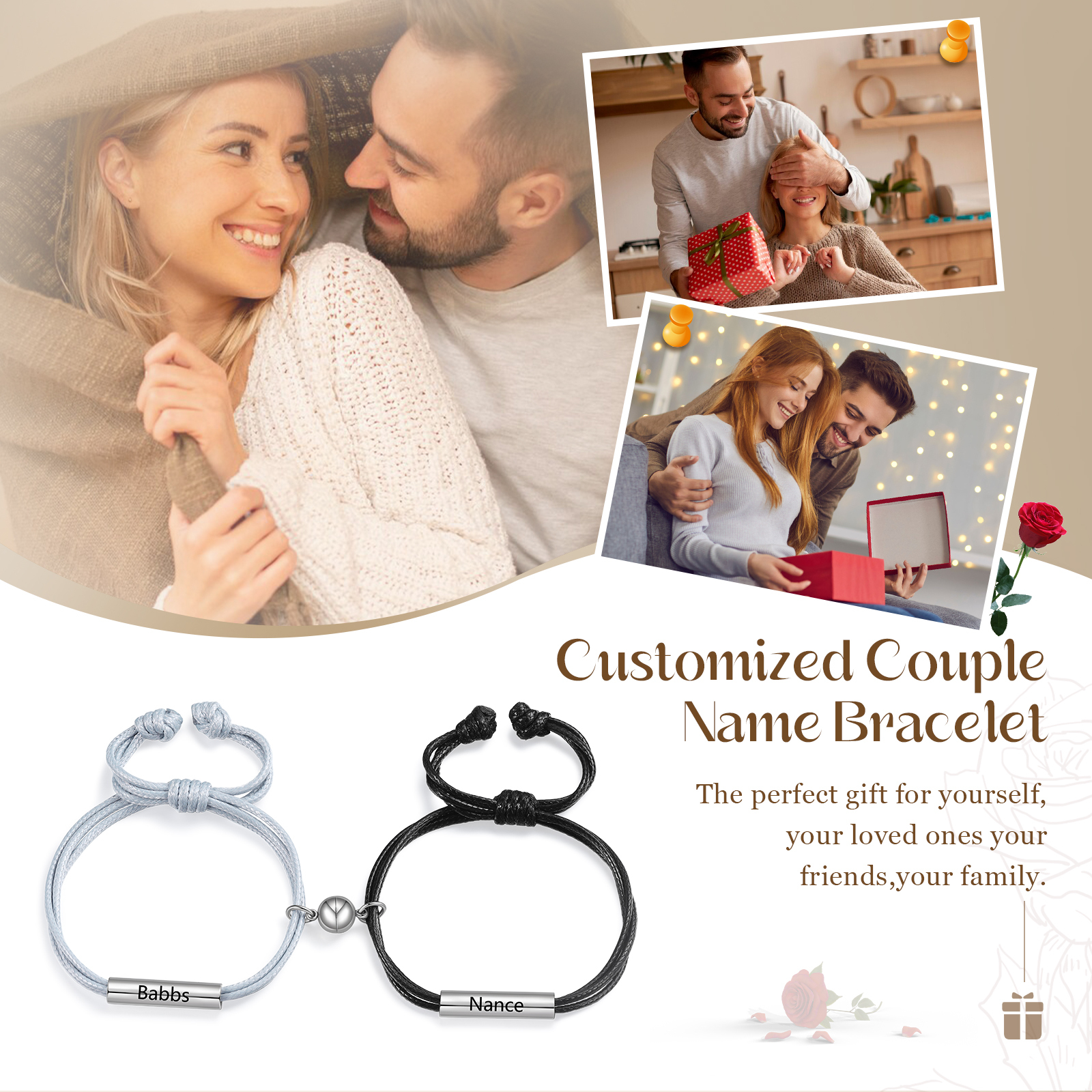 Personalised 2 Names Magnetic Partner Bracelet Set Unique Gift for Couples