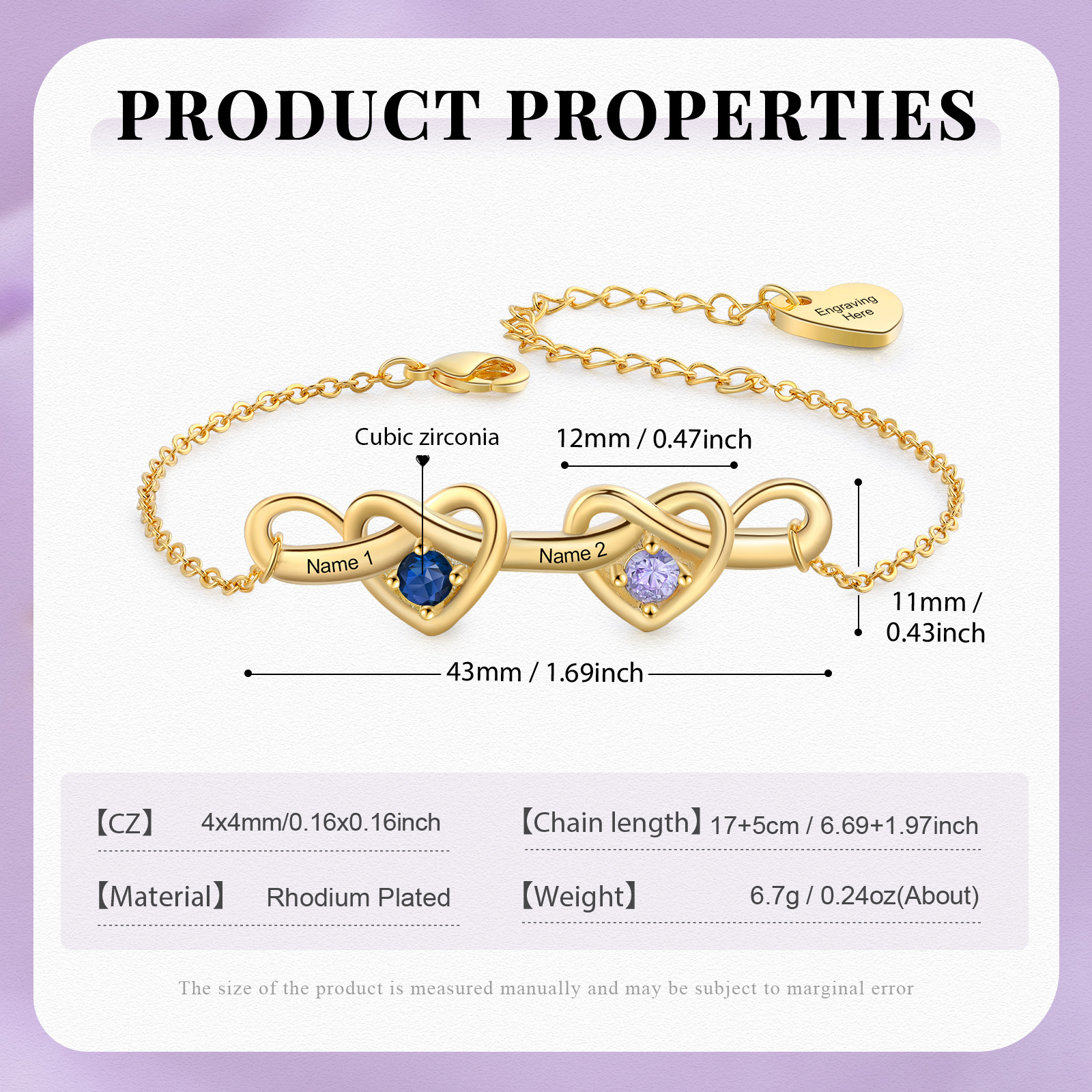 3 Colours Available Personalised Linked Heart Bracelet with 3 Custom Names Birthstones & Text Perfect Birthday Gift for Her