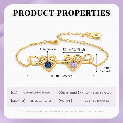 3 Colours Available Personalised Linked Heart Bracelet with 3 Custom Names Birthstones & Text Perfect Birthday Gift for Her
