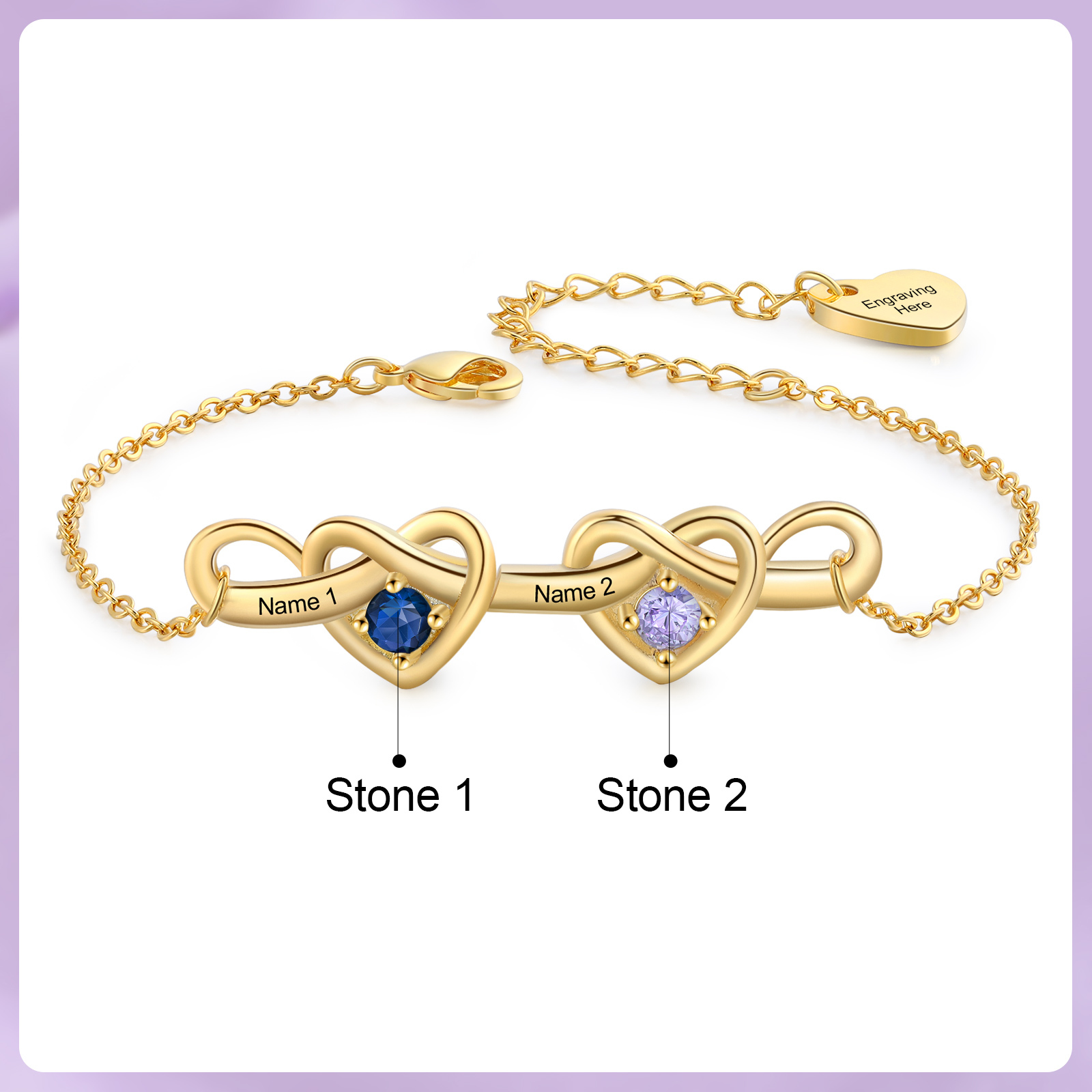 3 Colours Available Personalised Linked Heart Bracelet with 3 Custom Names Birthstones & Text Perfect Birthday Gift for Her