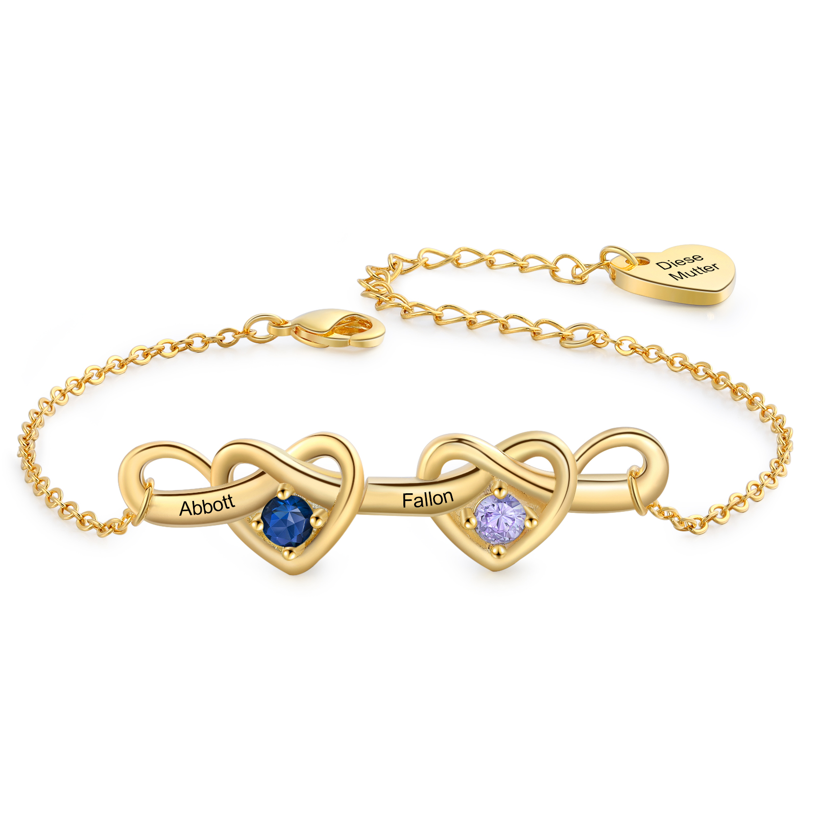 3 Colours Available Personalised Linked Heart Bracelet with 3 Custom Names Birthstones & Text Perfect Birthday Gift for Her