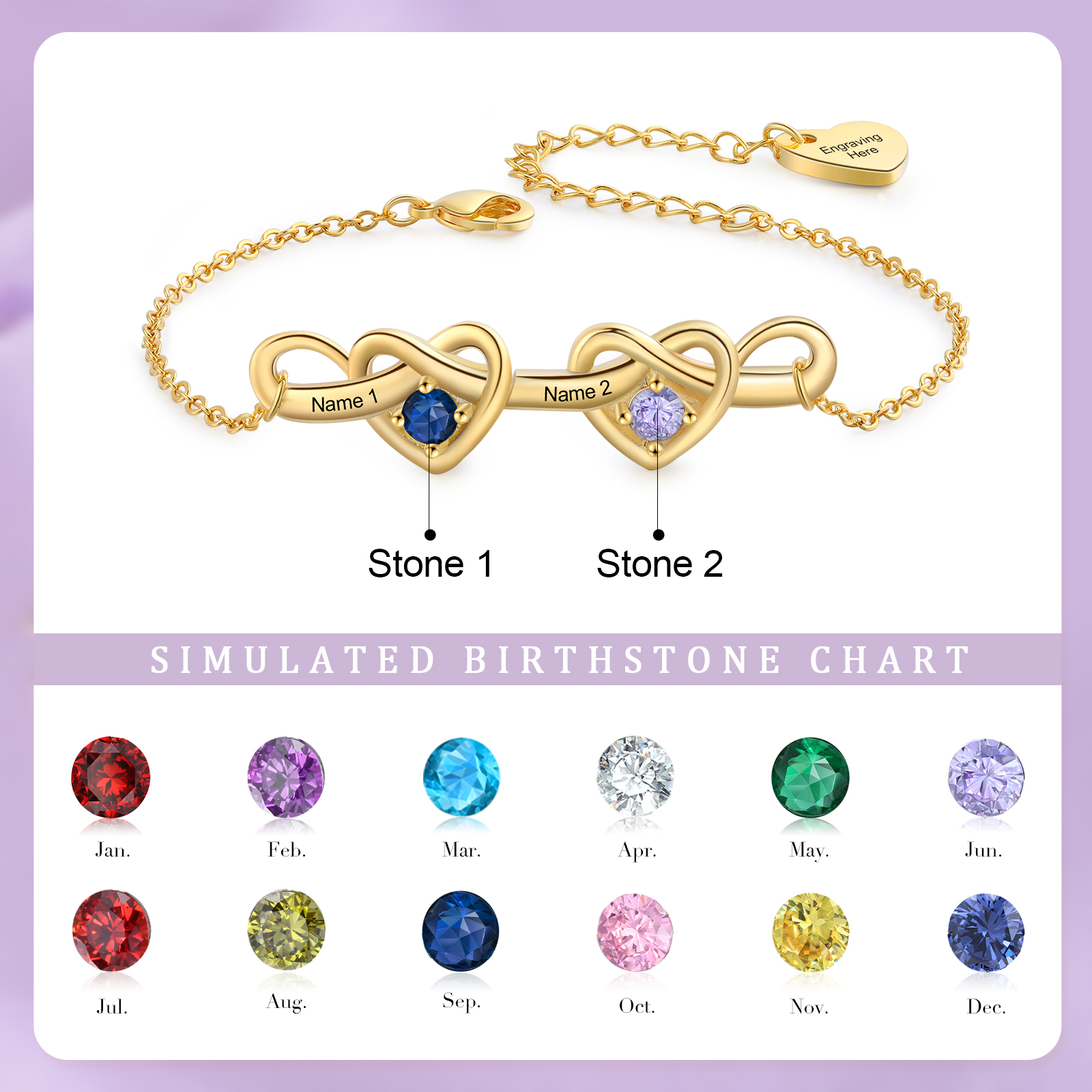 3 Colours Available Personalised Linked Heart Bracelet with 3 Custom Names Birthstones & Text Perfect Birthday Gift for Her