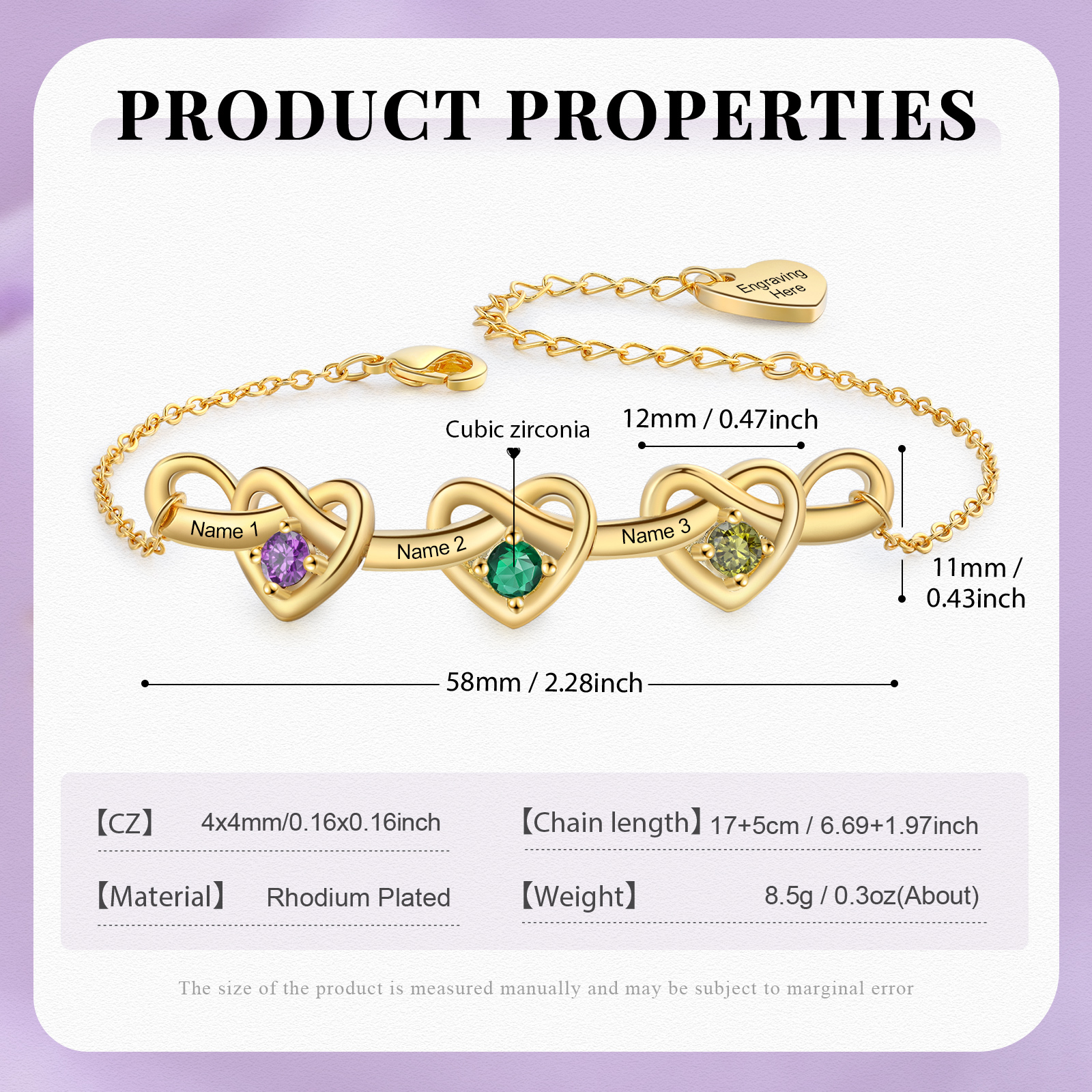 3 Colours Available Personalised Linked Heart Bracelet with 3 Custom Names Birthstones & Text Perfect Birthday Gift for Her