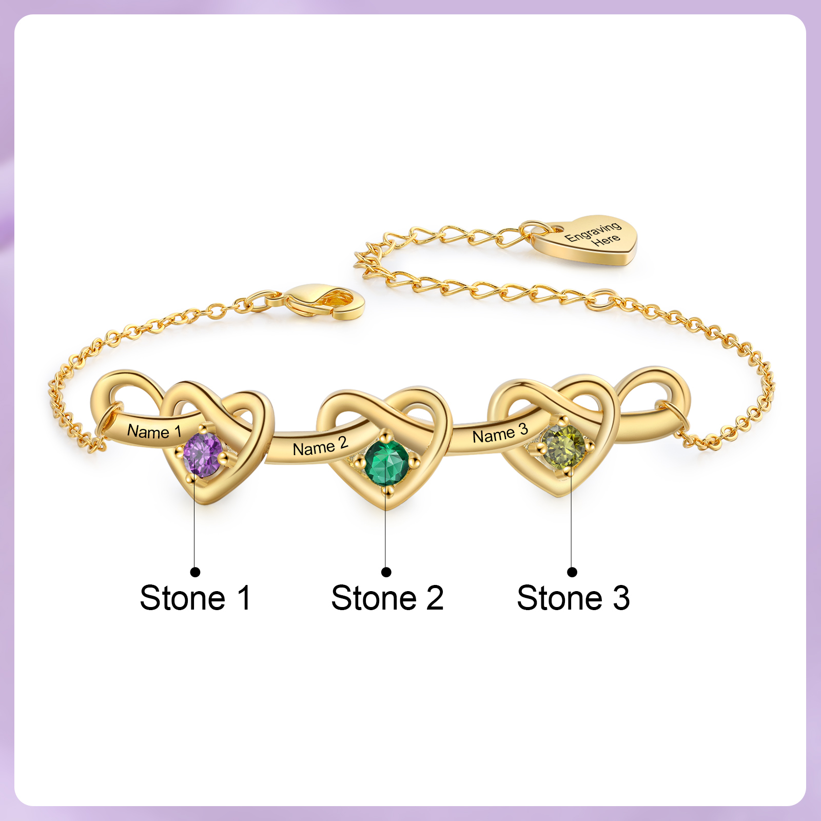 3 Colours Available Personalised Linked Heart Bracelet with 3 Custom Names Birthstones & Text Perfect Birthday Gift for Her