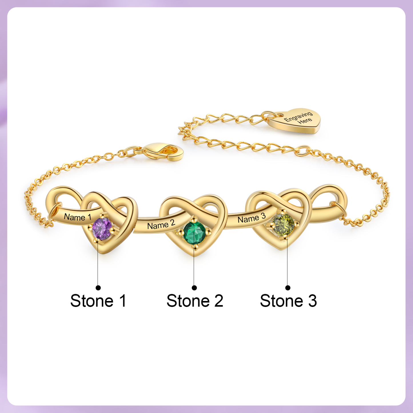 3 Colours Available Personalised Linked Heart Bracelet with 3 Custom Names Birthstones & Text Perfect Birthday Gift for Her