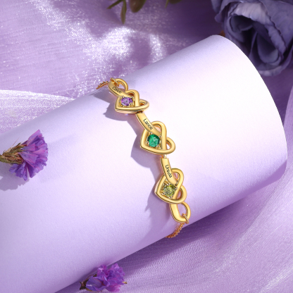 3 Colours Available Personalised Linked Heart Bracelet with 3 Custom Names Birthstones & Text Perfect Birthday Gift for Her