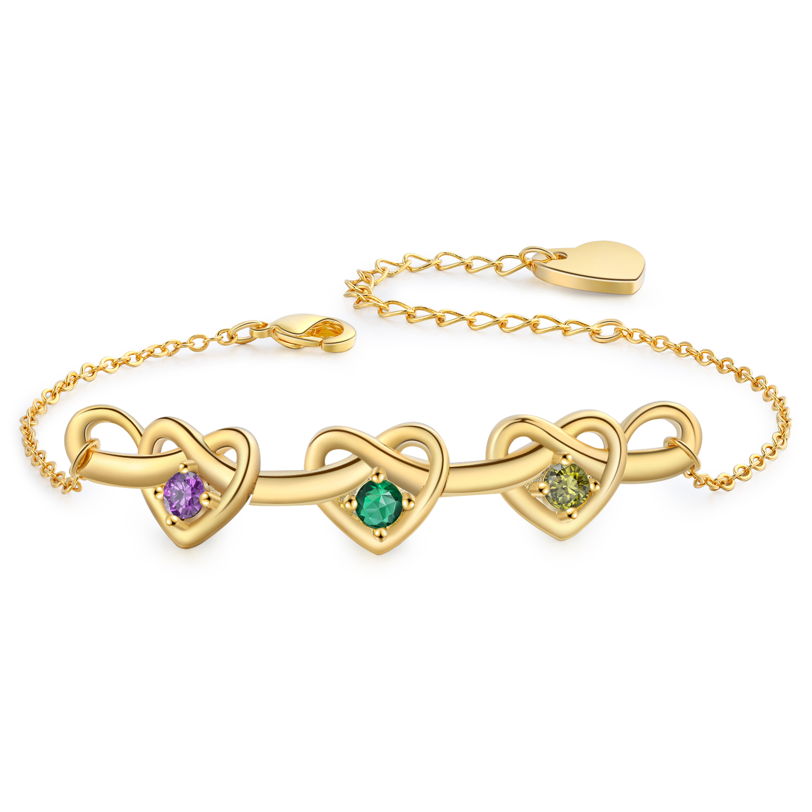 3 Colours Available Personalised Linked Heart Bracelet with 3 Custom Names Birthstones & Text Perfect Birthday Gift for Her