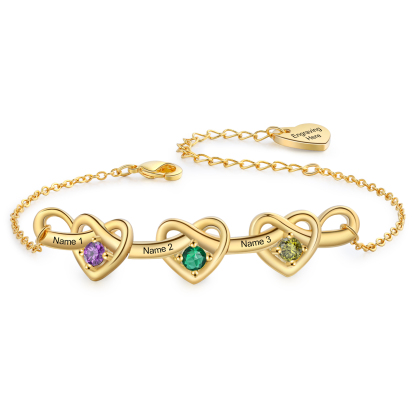 3 Colours Available Personalised Linked Heart Bracelet with 3 Custom Names Birthstones & Text Perfect Birthday Gift for Her