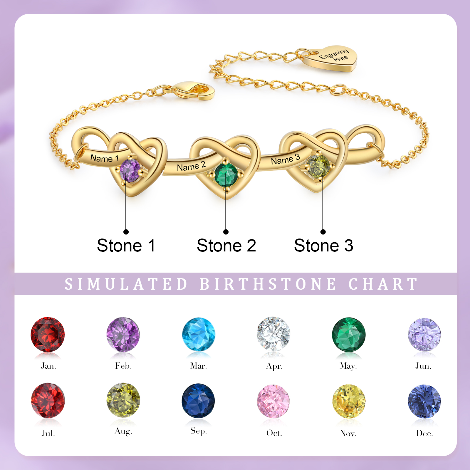 3 Colours Available Personalised Linked Heart Bracelet with 3 Custom Names Birthstones & Text Perfect Birthday Gift for Her