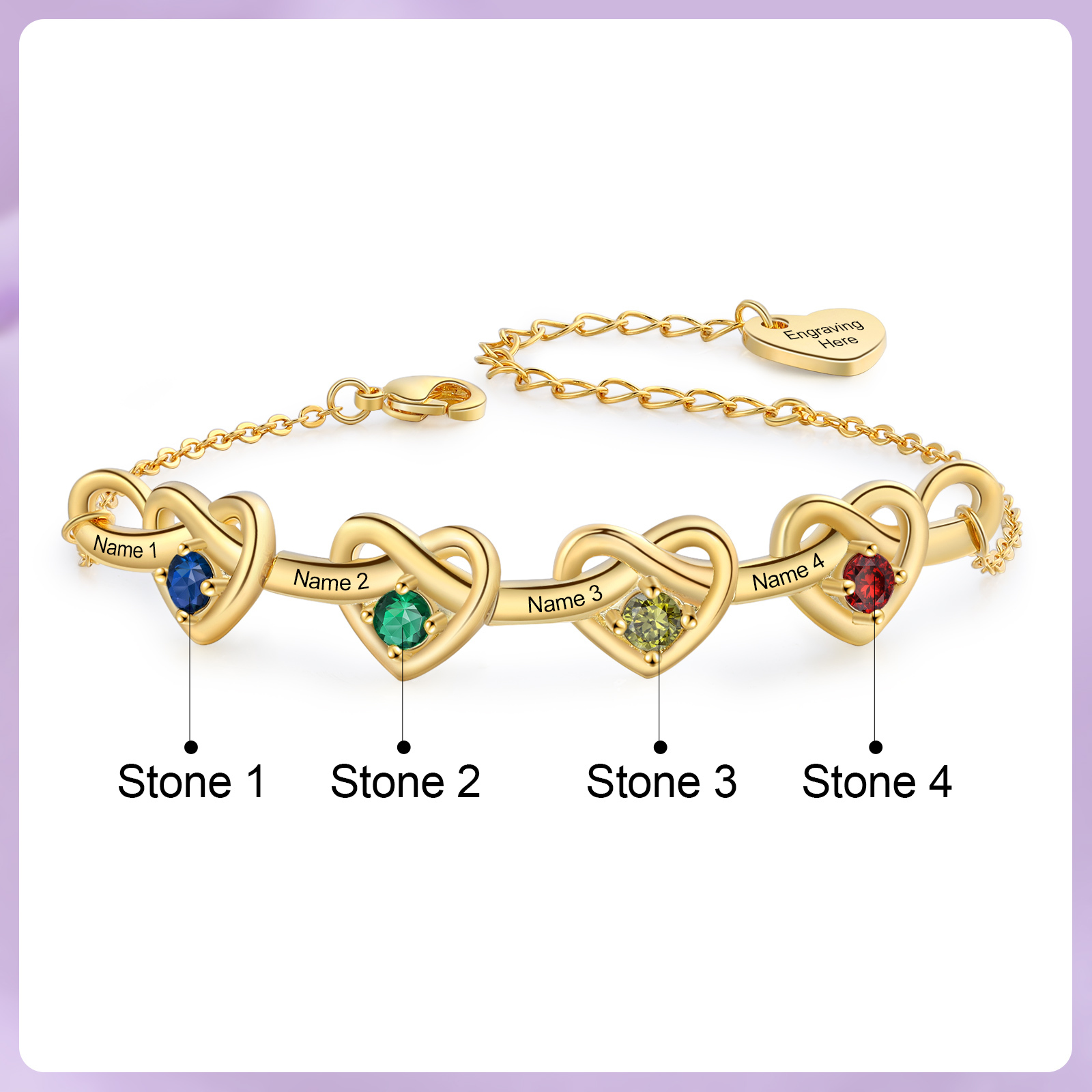 3 Colours Available Personalised Linked Heart Bracelet with 4 Custom Names Birthstones & Text Perfect Birthday Gift for Her