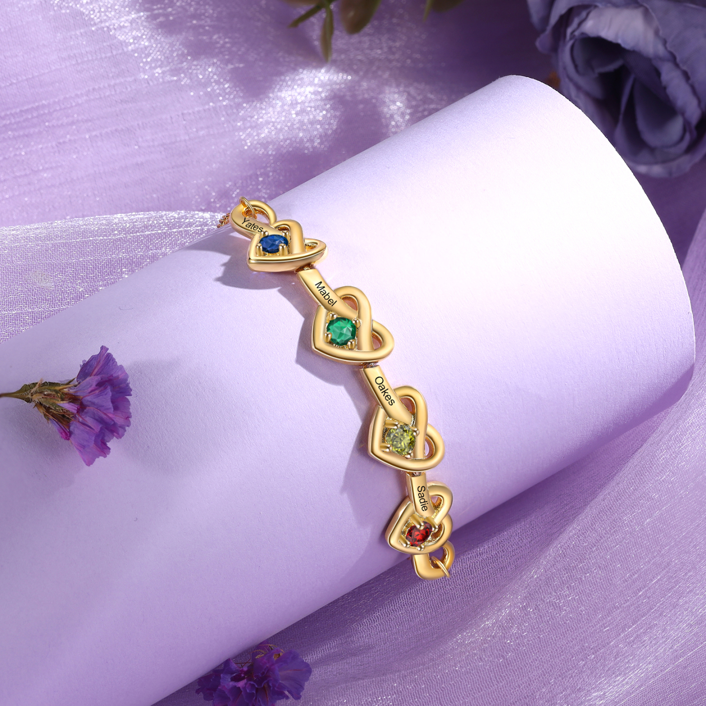 3 Colours Available Personalised Linked Heart Bracelet with 4 Custom Names Birthstones & Text Perfect Birthday Gift for Her