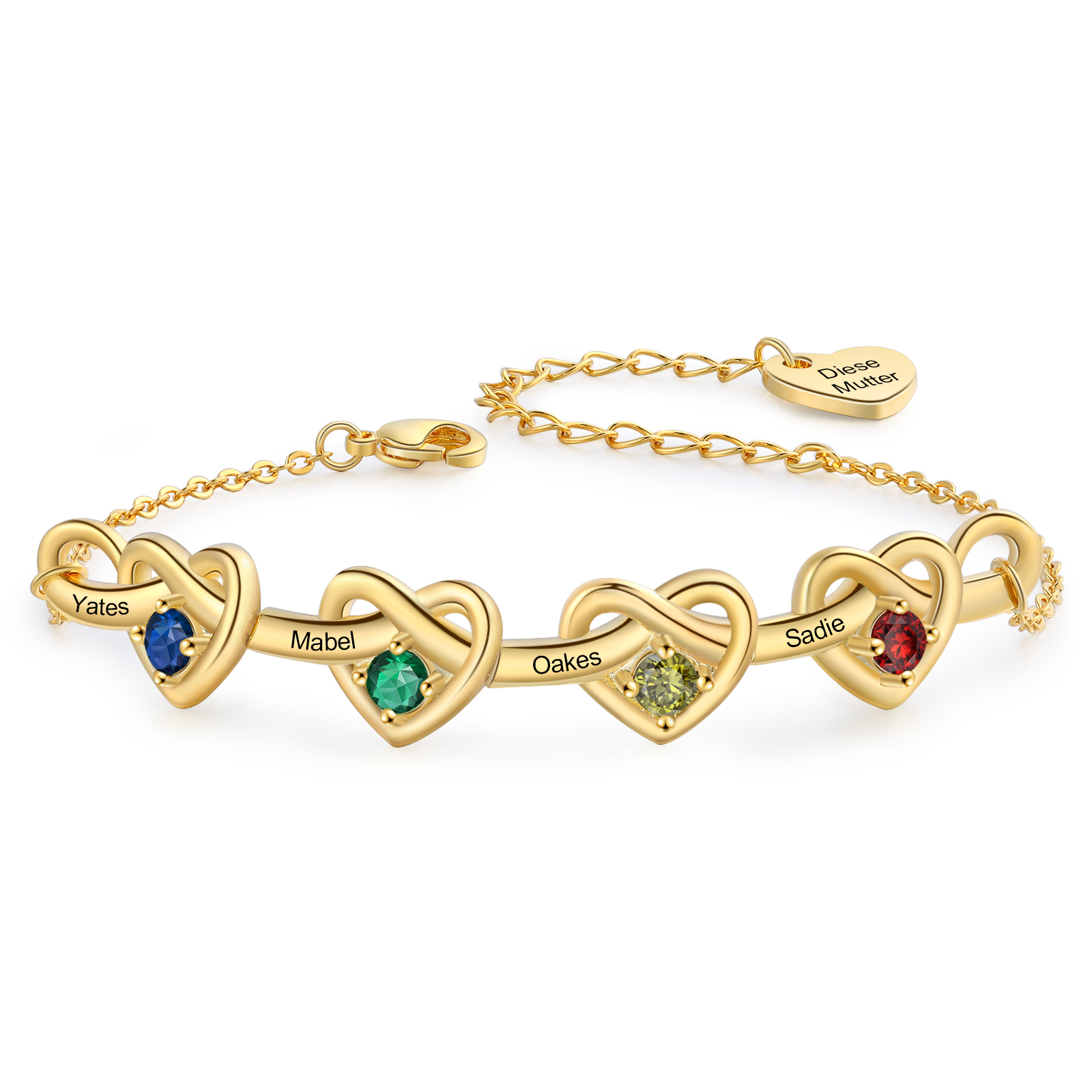 3 Colours Available Personalised Linked Heart Bracelet with 4 Custom Names Birthstones & Text Perfect Birthday Gift for Her