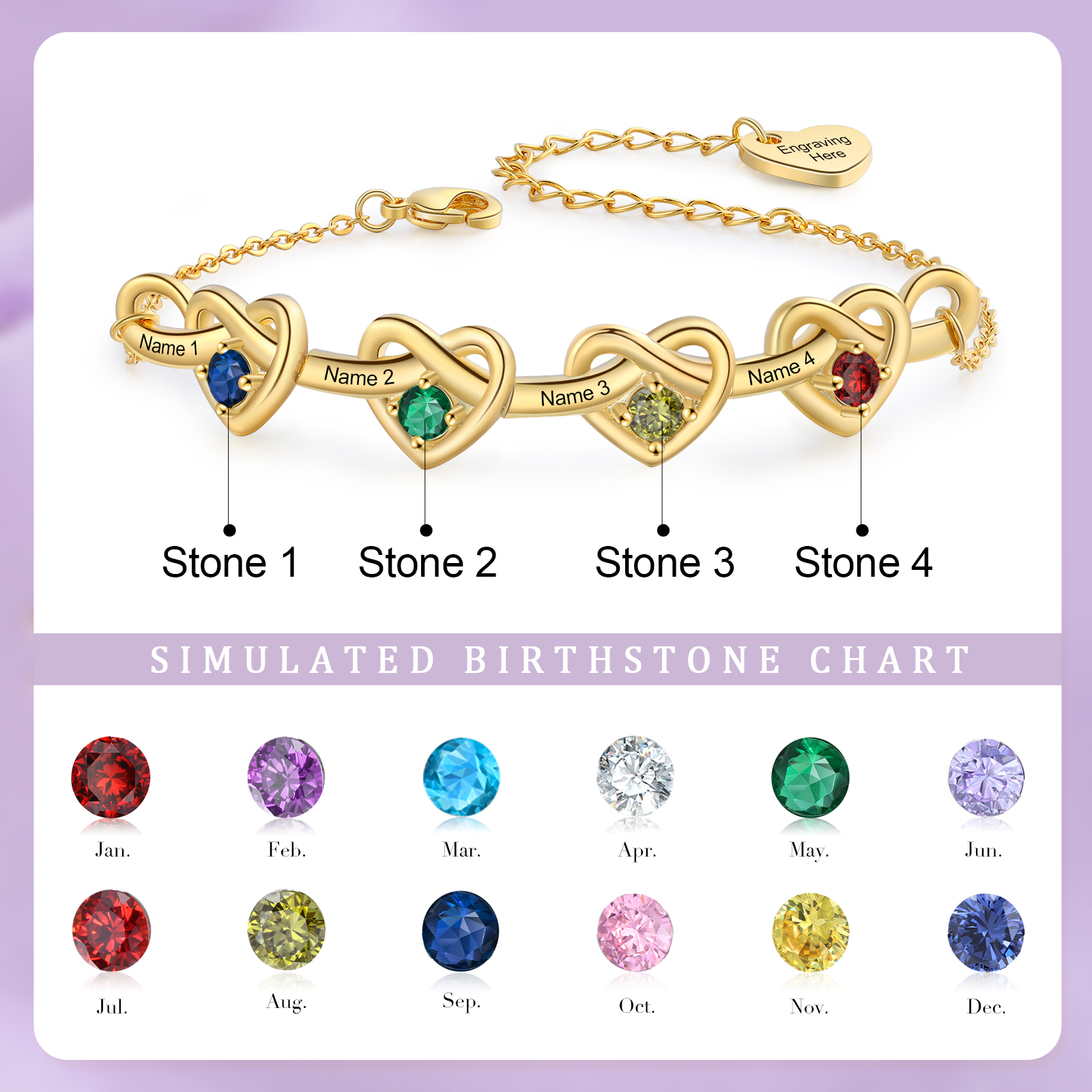 3 Colours Available Personalised Linked Heart Bracelet with 4 Custom Names Birthstones & Text Perfect Birthday Gift for Her