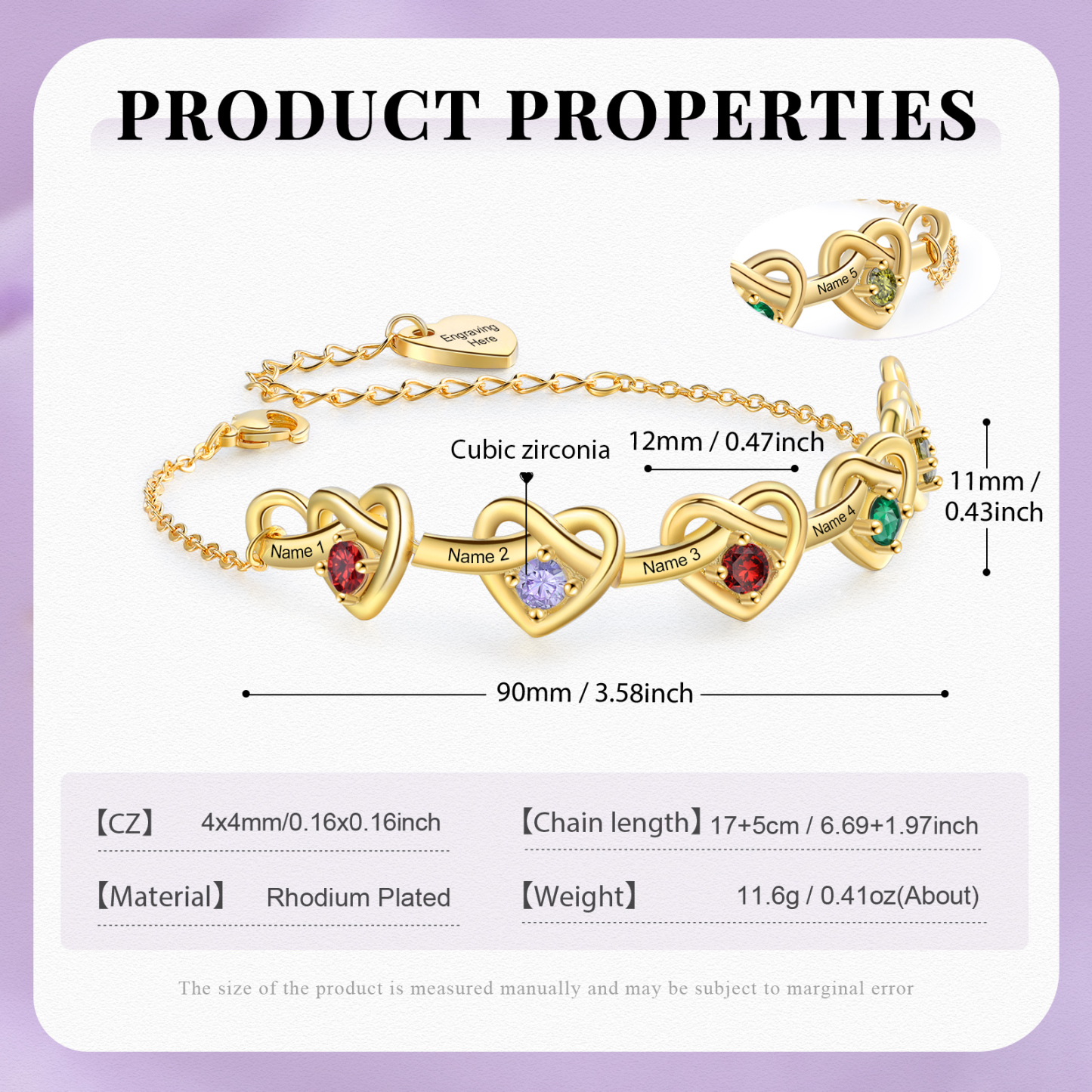 3 Colours Available Personalised Linked Heart Bracelet with 5 Custom Names Birthstones & Text Perfect Birthday Gift for Her