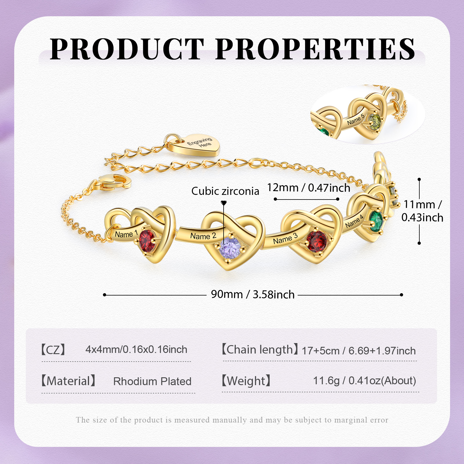 3 Colours Available Personalised Linked Heart Bracelet with 5 Custom Names Birthstones & Text Perfect Birthday Gift for Her