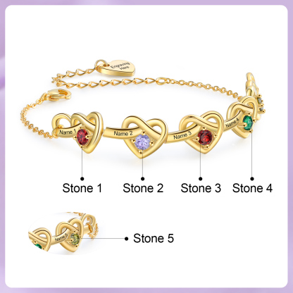 3 Colours Available Personalised Linked Heart Bracelet with 5 Custom Names Birthstones & Text Perfect Birthday Gift for Her