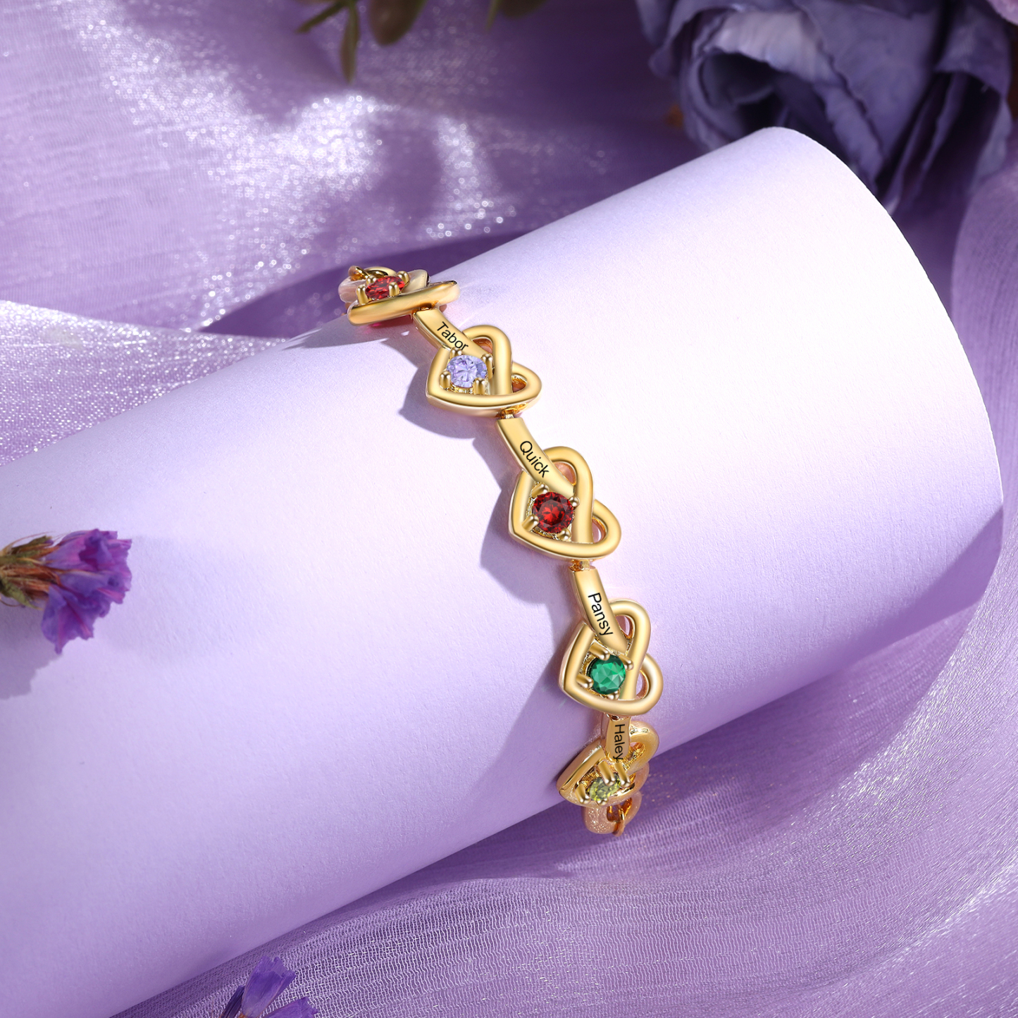 3 Colours Available Personalised Linked Heart Bracelet with 5 Custom Names Birthstones & Text Perfect Birthday Gift for Her