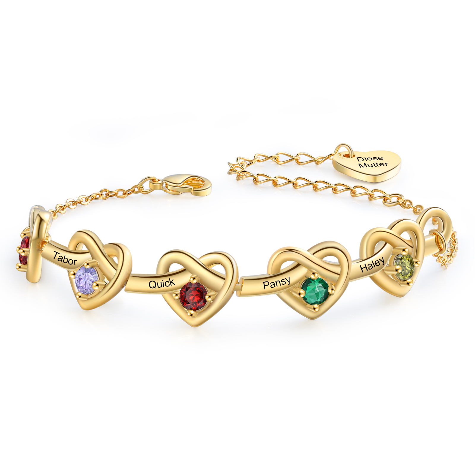 3 Colours Available Personalised Linked Heart Bracelet with 5 Custom Names Birthstones & Text Perfect Birthday Gift for Her