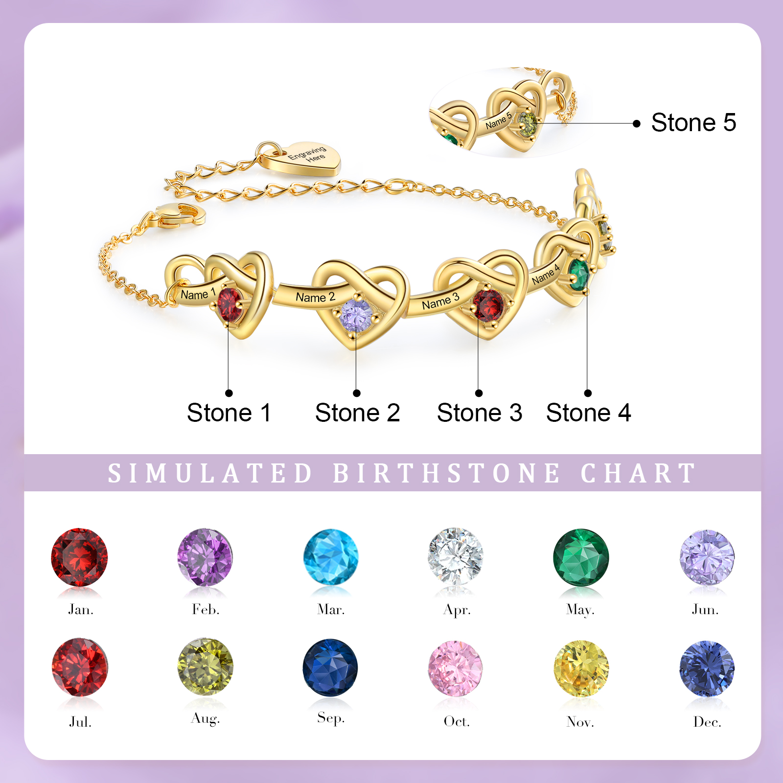 3 Colours Available Personalised Linked Heart Bracelet with 5 Custom Names Birthstones & Text Perfect Birthday Gift for Her