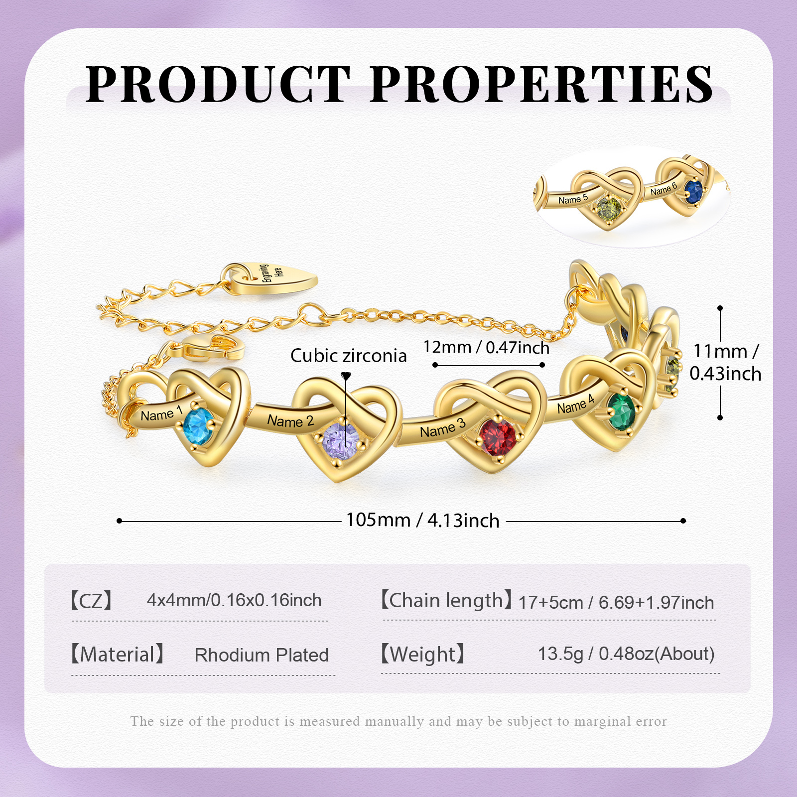 3 Colours Available Personalised Linked Heart Bracelet with 6 Custom Names Birthstones & Text Perfect Birthday Gift for Her