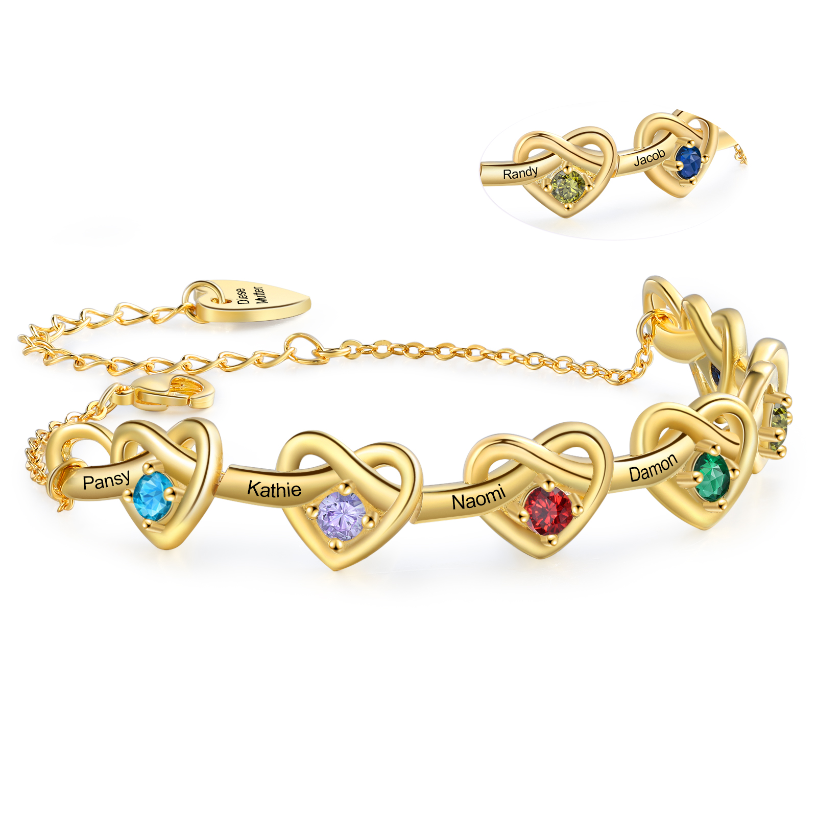 3 Colours Available Personalised Linked Heart Bracelet with 6 Custom N