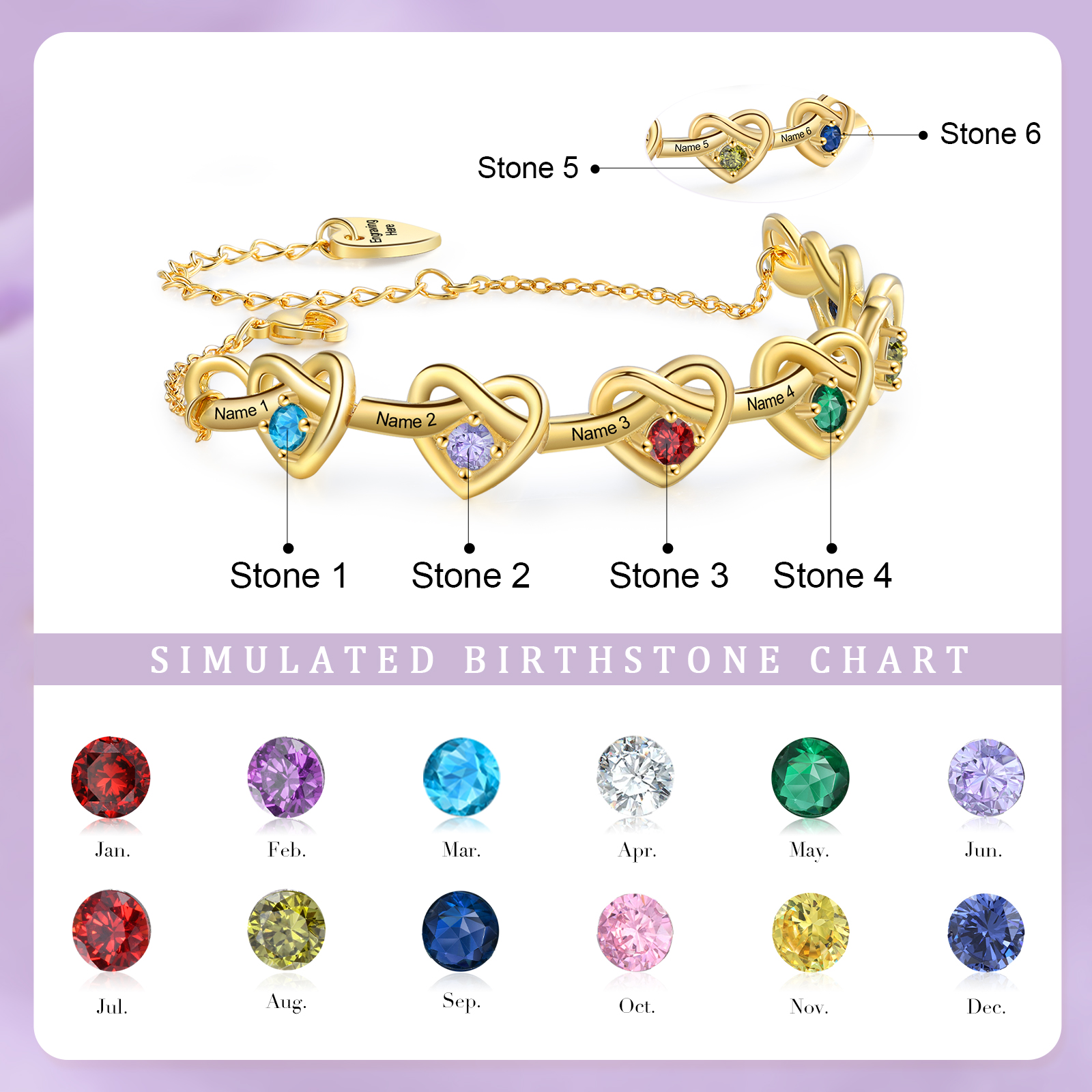 3 Colours Available Personalised Linked Heart Bracelet with 6 Custom Names Birthstones & Text Perfect Birthday Gift for Her