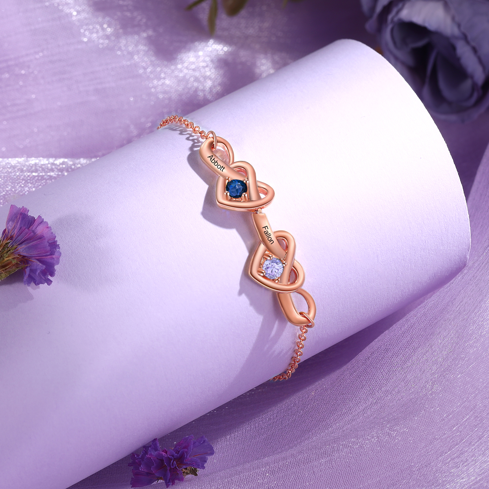 3 Colours Available Personalised Linked Heart Bracelet with 3 Custom Names Birthstones & Text Perfect Birthday Gift for Her