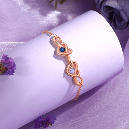 3 Colours Available Personalised Linked Heart Bracelet with 3 Custom Names Birthstones & Text Perfect Birthday Gift for Her
