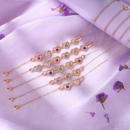 3 Colours Available Personalised Linked Heart Bracelet with 3 Custom Names Birthstones & Text Perfect Birthday Gift for Her