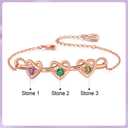 3 Colours Available Personalised Linked Heart Bracelet with 3 Custom Names Birthstones & Text Perfect Birthday Gift for Her