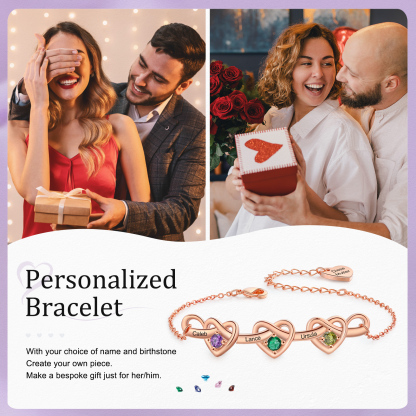3 Colours Available Personalised Linked Heart Bracelet with 3 Custom Names Birthstones & Text Perfect Birthday Gift for Her