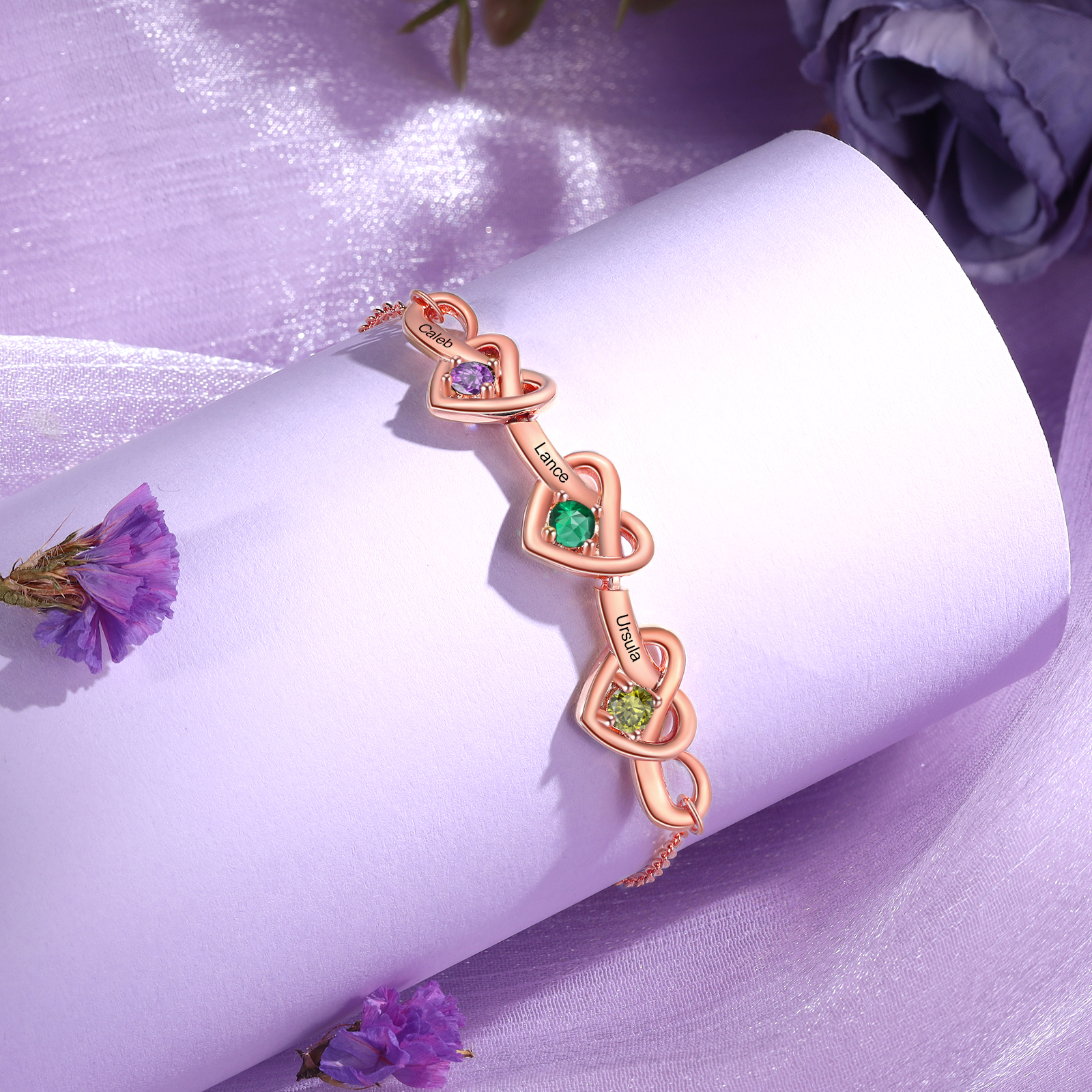 3 Colours Available Personalised Linked Heart Bracelet with 3 Custom Names Birthstones & Text Perfect Birthday Gift for Her