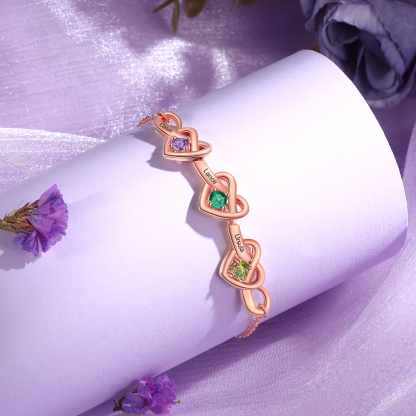 3 Colours Available Personalised Linked Heart Bracelet with 3 Custom Names Birthstones & Text Perfect Birthday Gift for Her