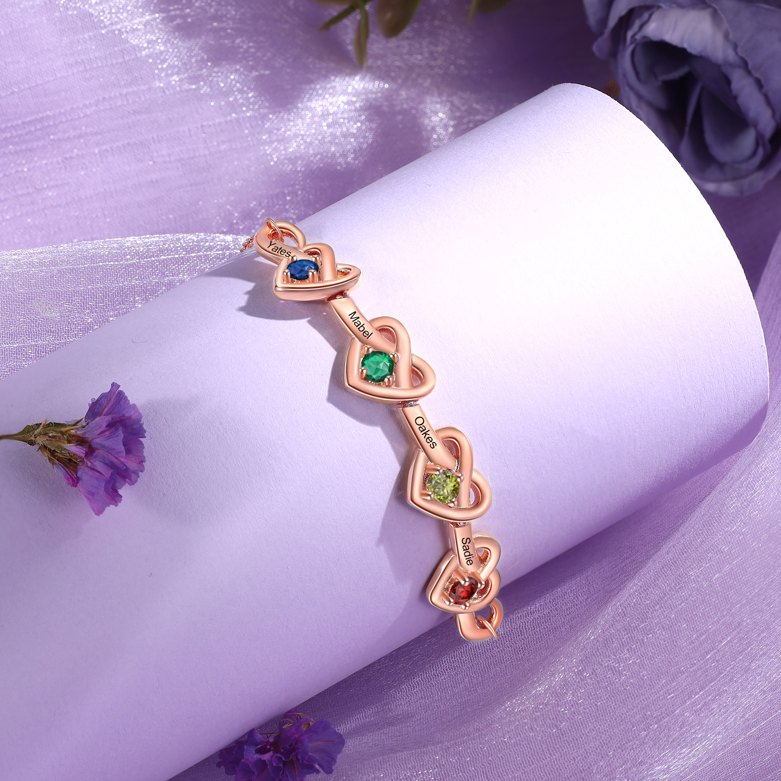 3 Colours Available Personalised Linked Heart Bracelet with 4 Custom Names Birthstones & Text Perfect Birthday Gift for Her