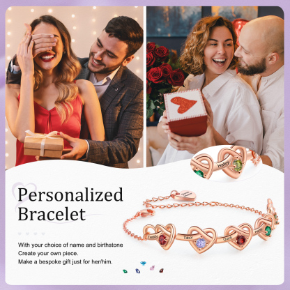 3 Colours Available Personalised Linked Heart Bracelet with 5 Custom Names Birthstones & Text Perfect Birthday Gift for Her