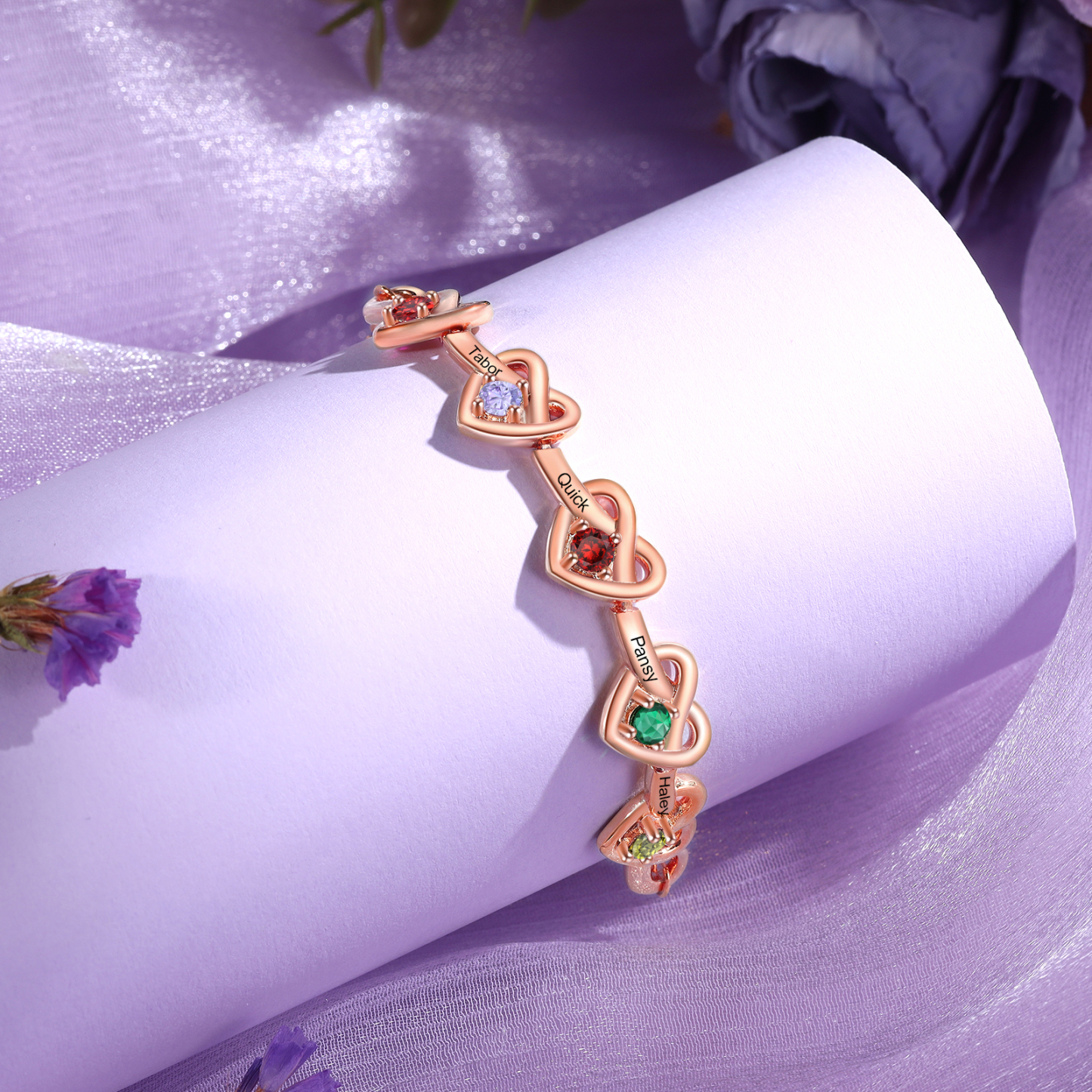 3 Colours Available Personalised Linked Heart Bracelet with 5 Custom Names Birthstones & Text Perfect Birthday Gift for Her